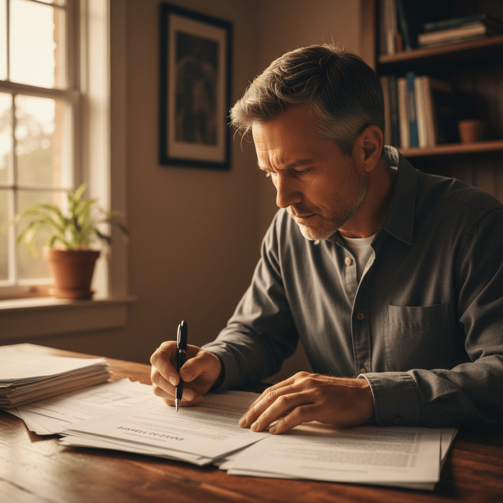 Real estate investor reviewing property documents at desk