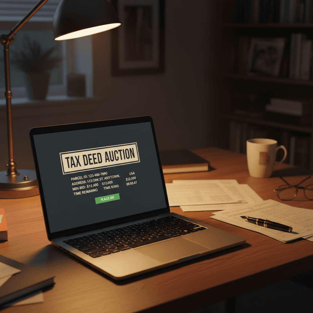 Tax deed auction listing on computer screen during research