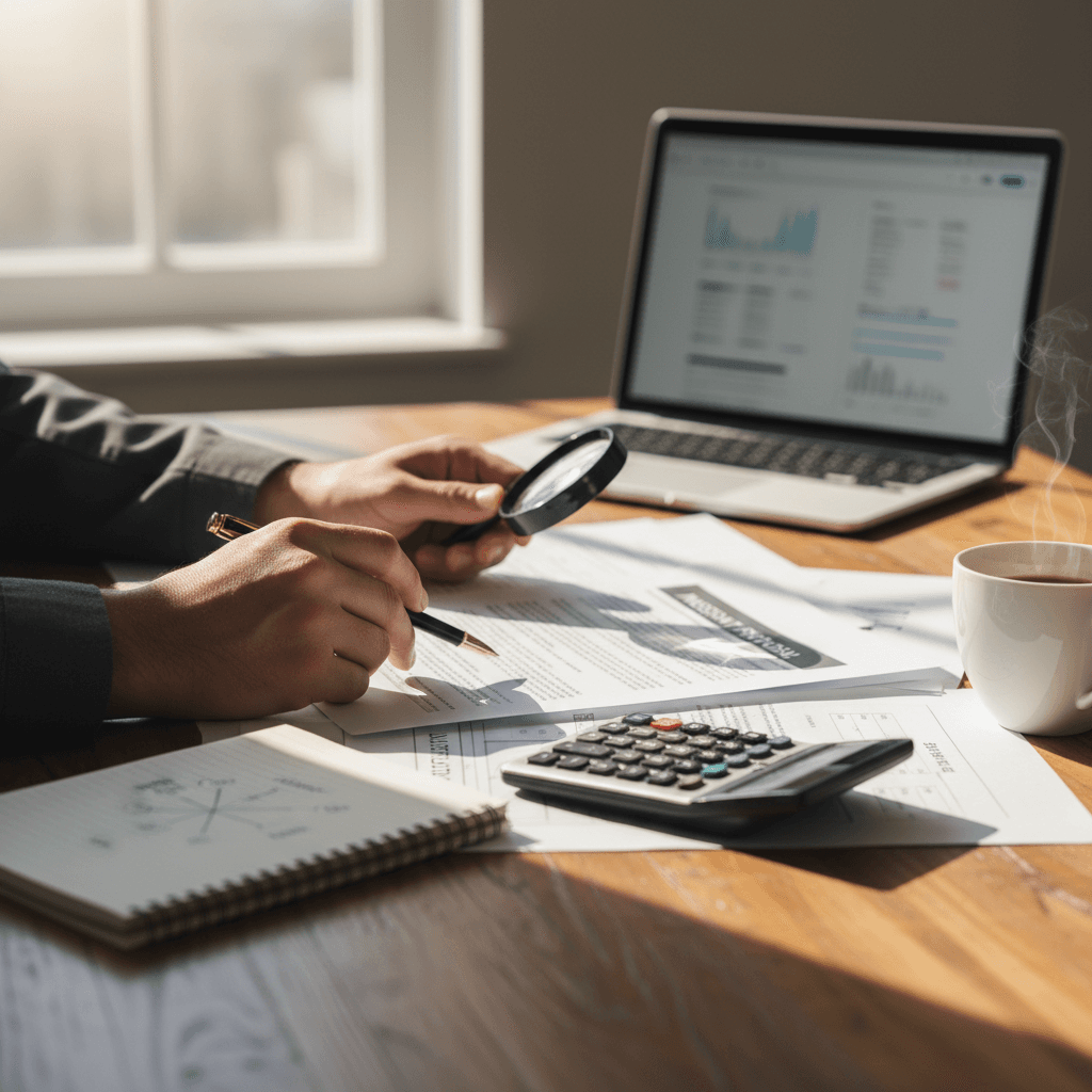 Real estate investor reviewing property documents and financial information at desk