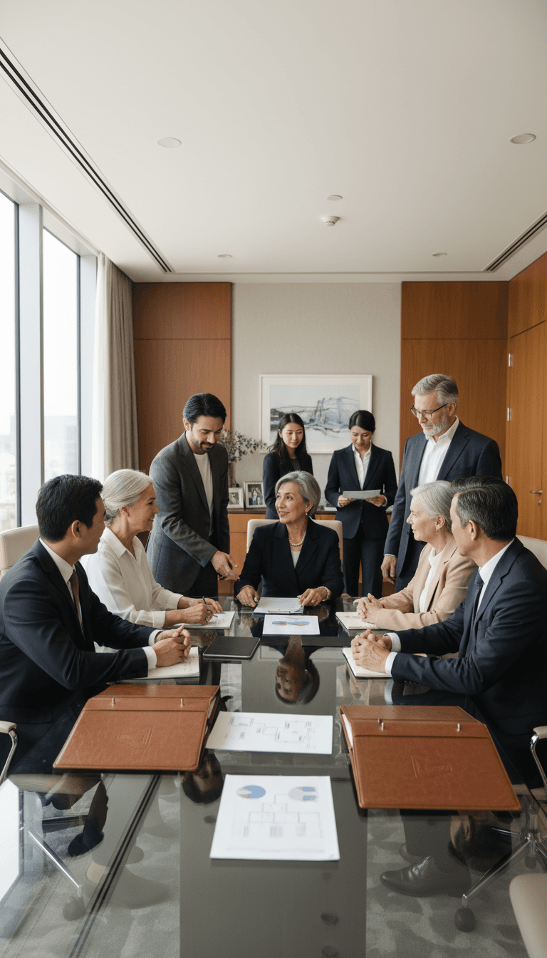 Multi-generational family members gathered around glass conference table during formal estate planning meeting in bright boardroom