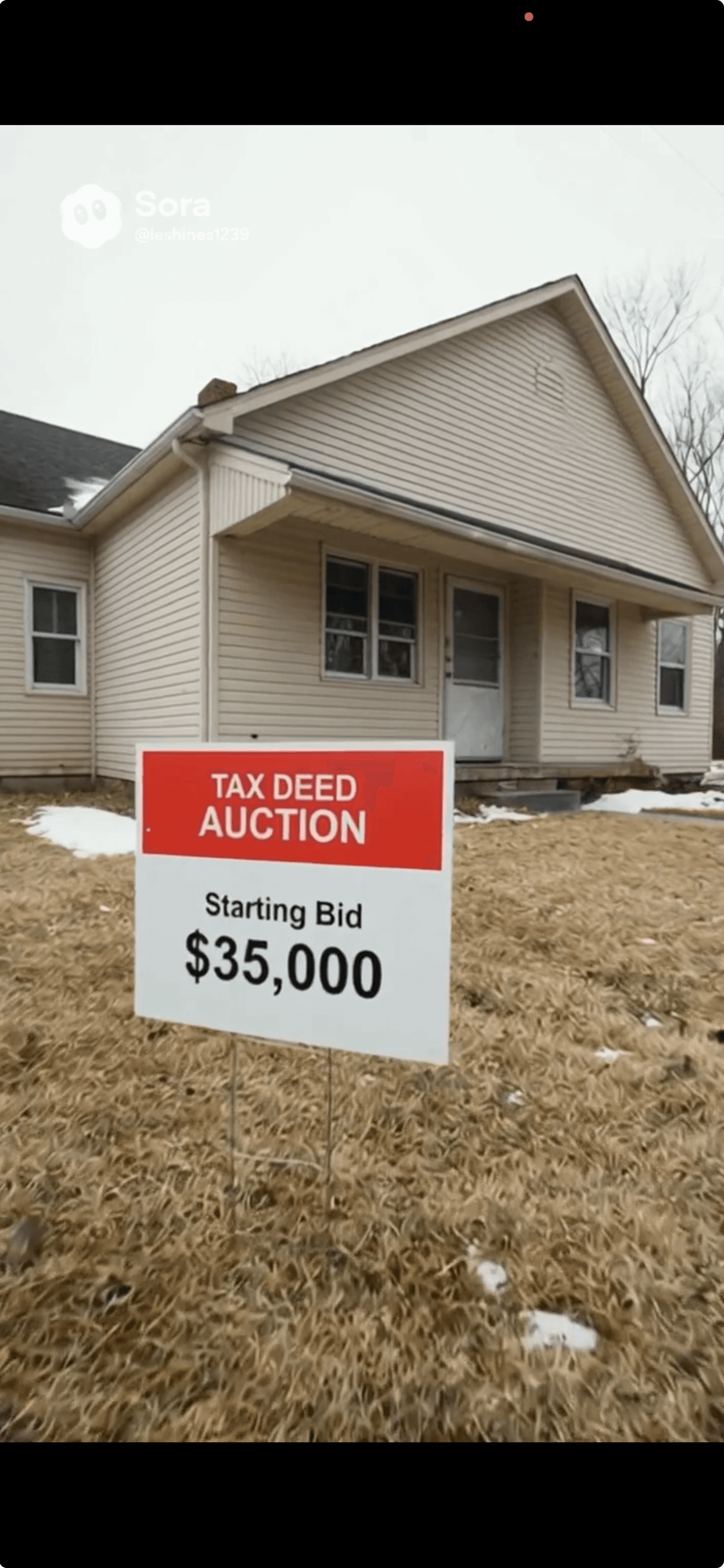 Tax deed auction sign with $35,000 starting bid in front of a small beige house.