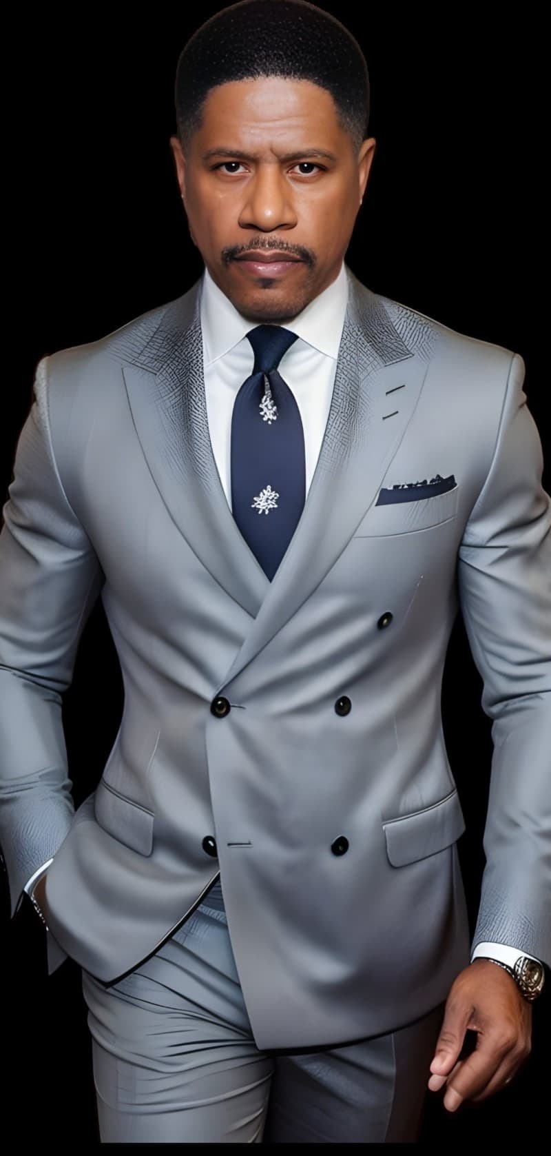 Black man in a light gray double-breasted suit, white shirt, and navy patterned tie.