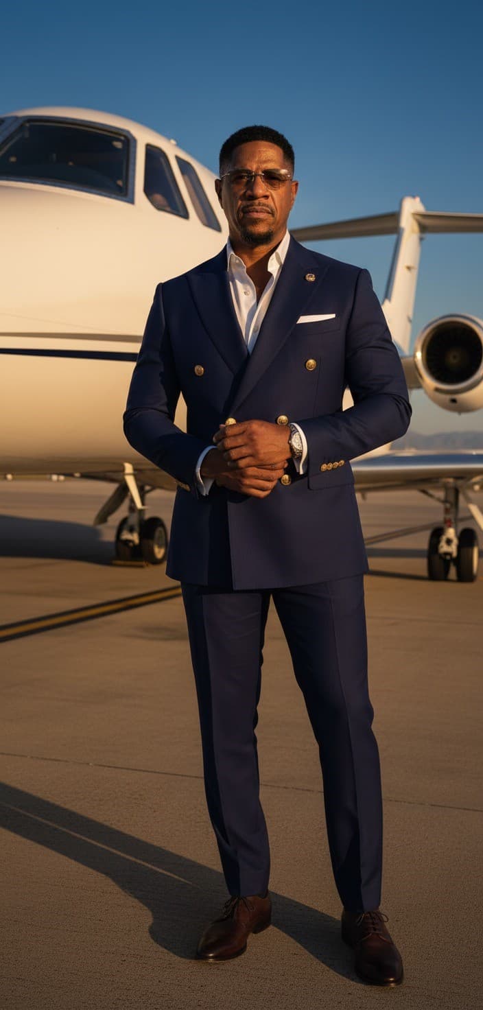 Confident man in a navy double-breasted suit standing on a tarmac beside a jet.