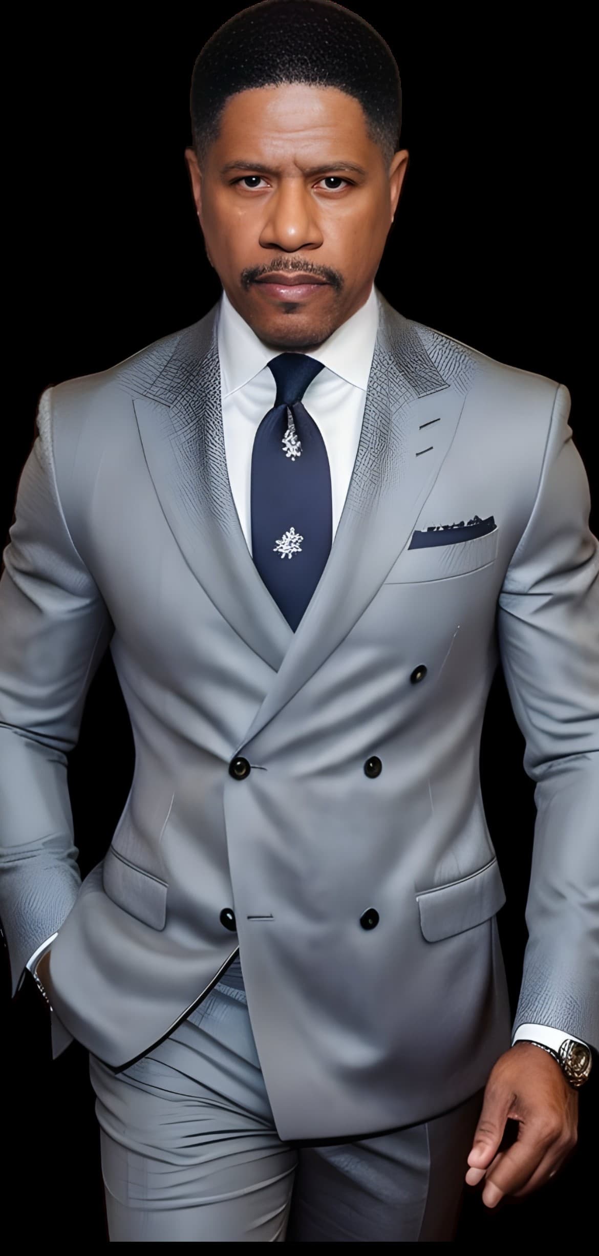 Black man with a mustache in a light gray double-breasted suit on black background.