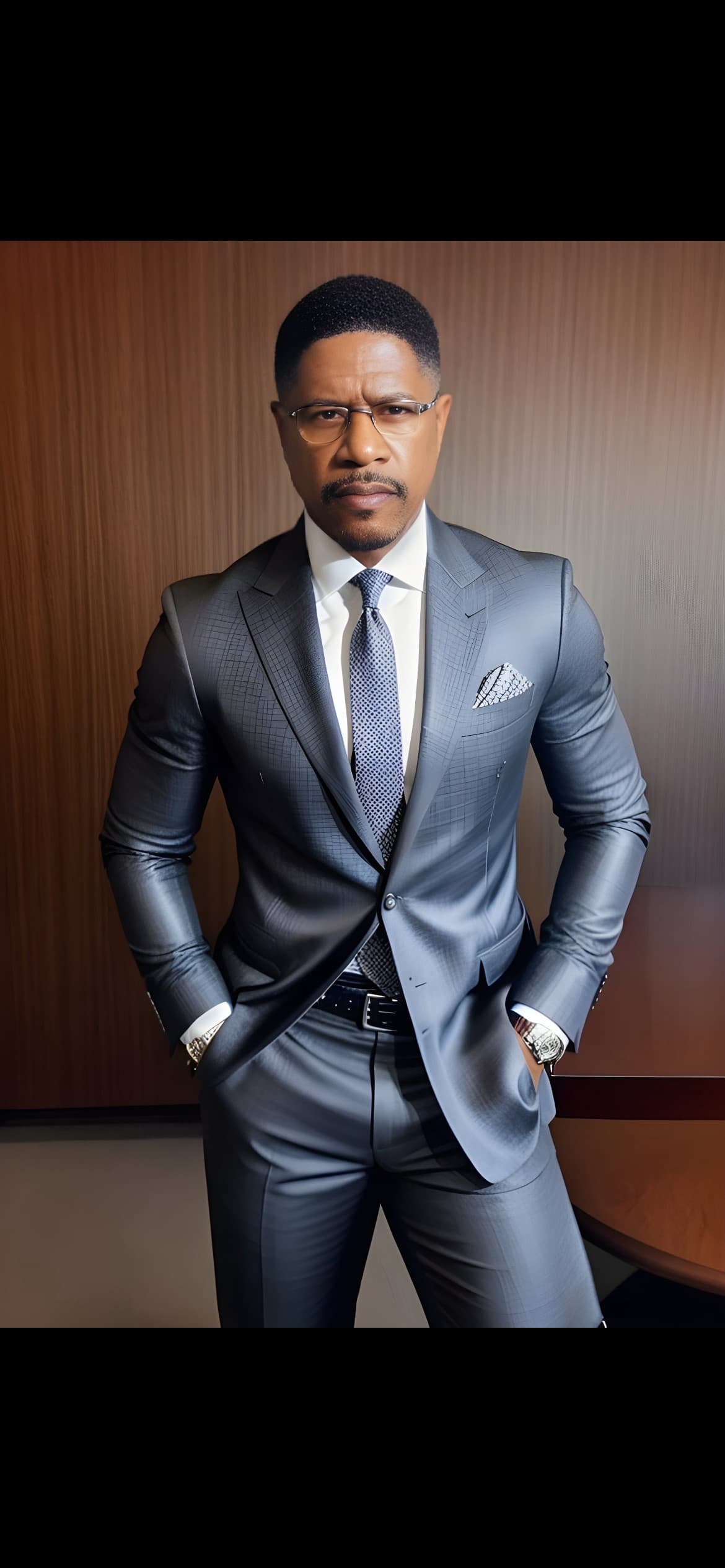Confident Black man in a sharp grey suit and glasses against a wooden wall.